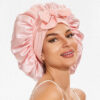 GORRO-DE-SATIN-Dama-con-agarraderas-color-rosa-coral Gorro de Satín para Dormir con Banda Ajustable Rosa Coral