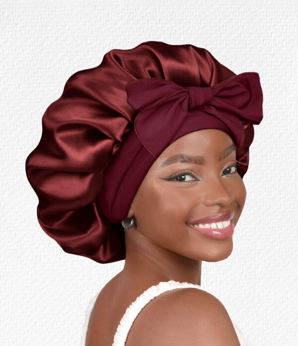 GORRO-DE-SATIN-Dama-con-agarraderas-color-vino-tinto Gorro de Satín para Dormir con Banda Ajustable Borgoña